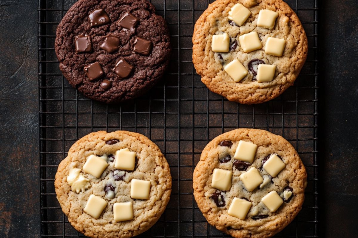 A side-by-side comparison of chocolate chip cookies made with melted and softened butter