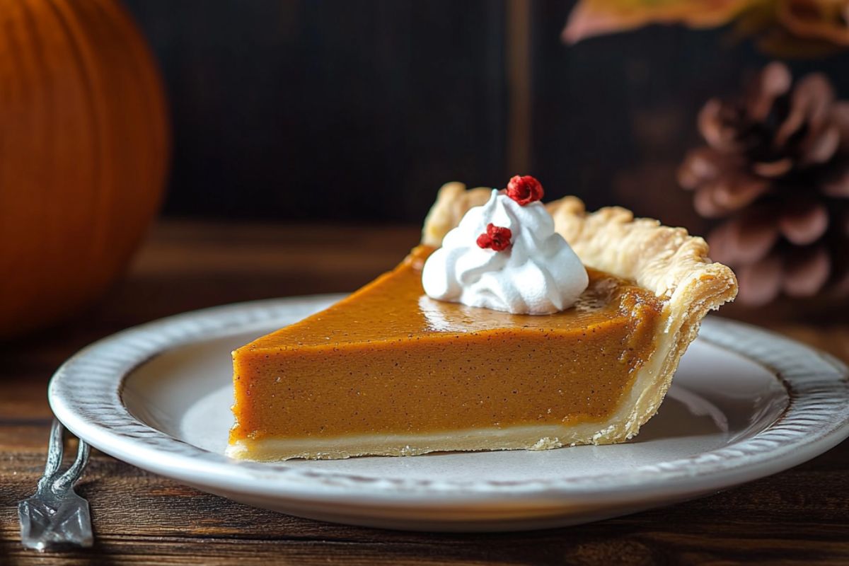 Homemade pumpkin pie with a golden, flaky crust on a rustic table