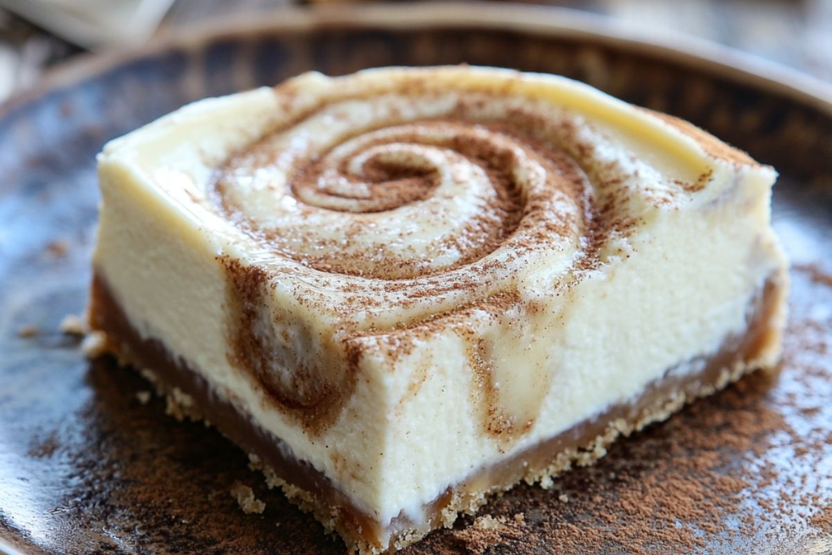 A freshly baked cinnamon roll cheesecake with cream cheese frosting and cinnamon swirl on top.