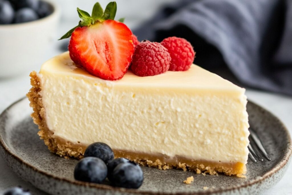 Cheesecake slice showing creamy texture with an extra egg added.