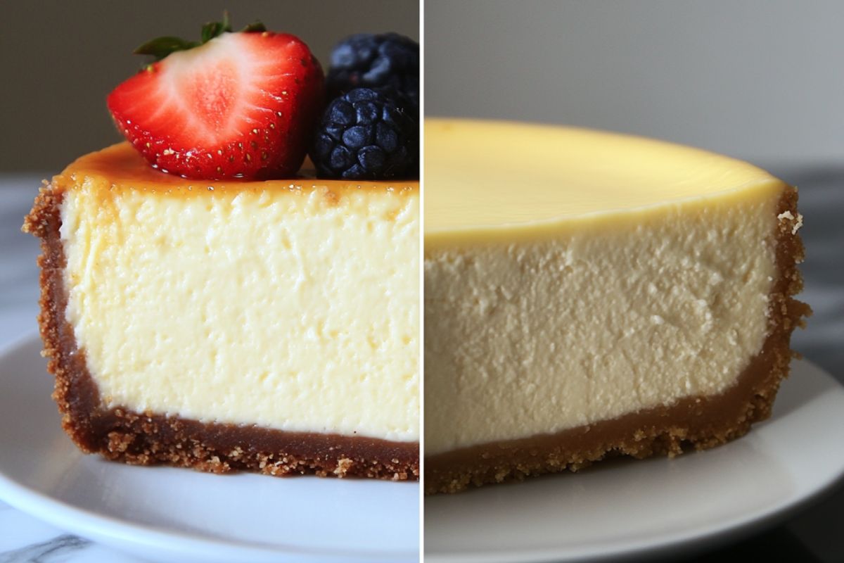 New York cheesecake slice beside a classic cheesecake slice showing texture differences