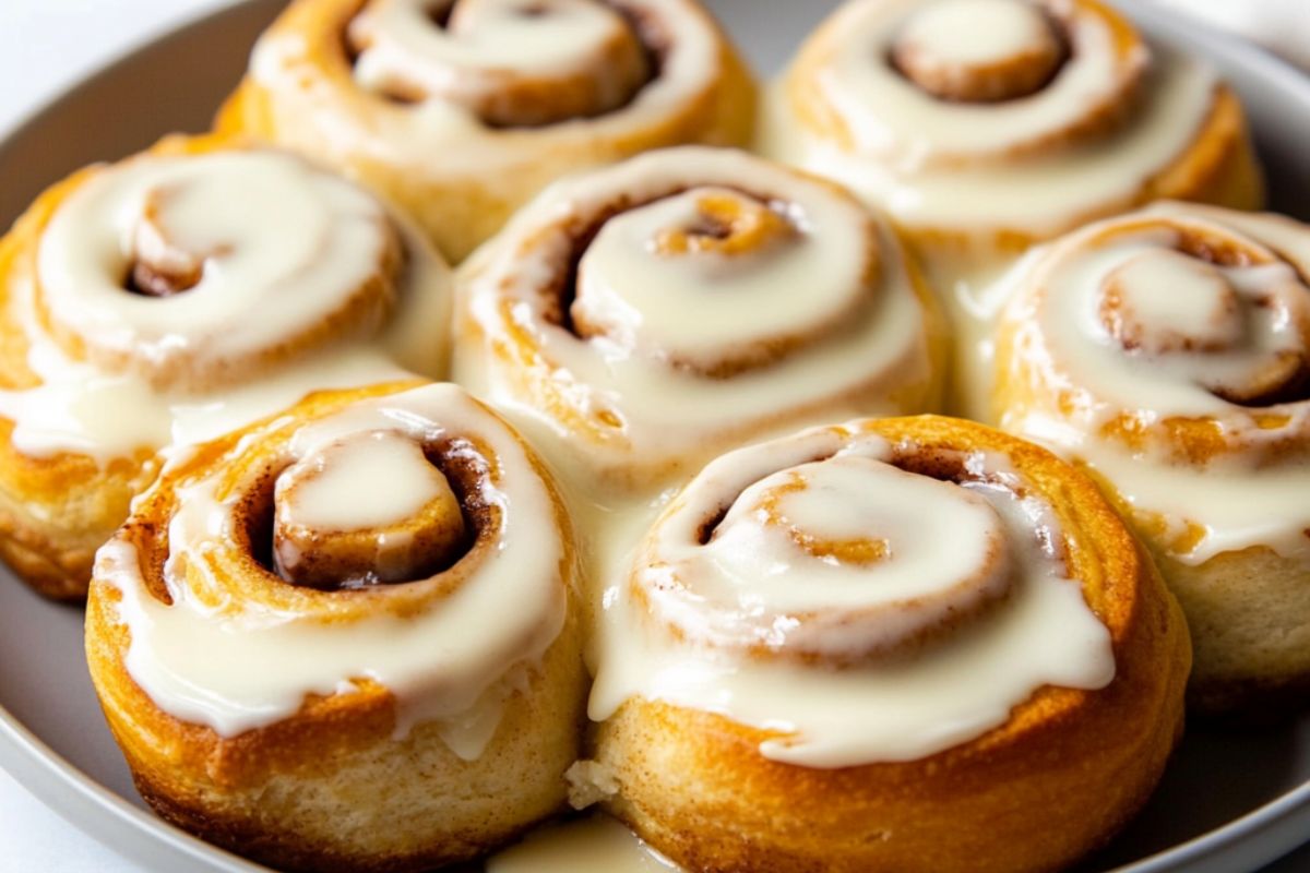 Close-up of cinnamon rolls with rich cream cheese icing on top