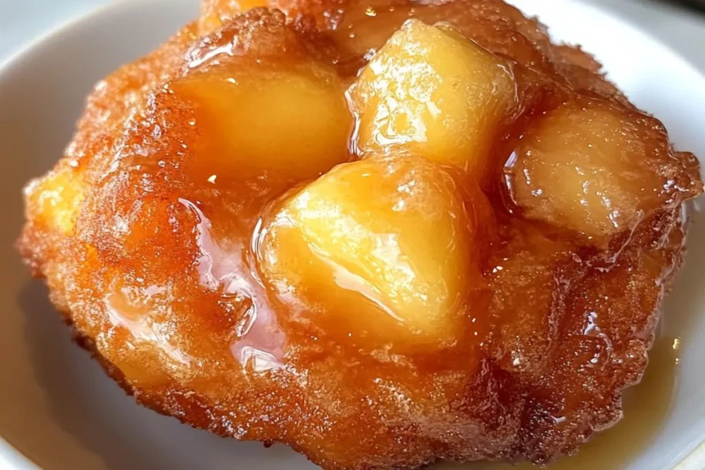 Close-up of a homemade apple fritter with glaze and crispy golden texture