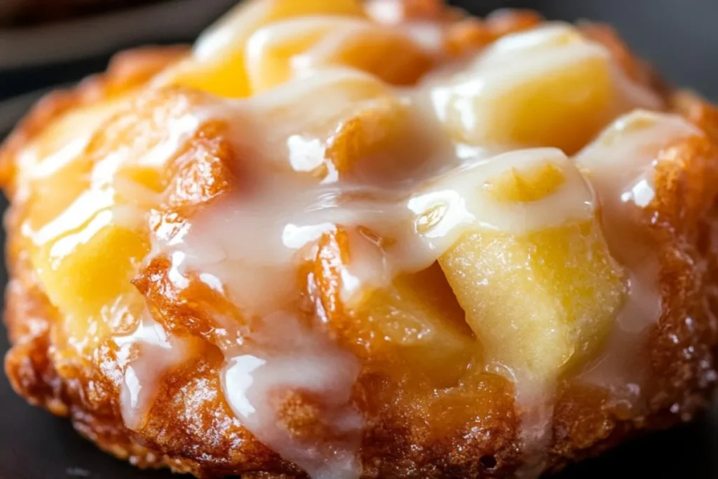 Close-up of a golden brown apple fritter with a sugar glaze, showing its crispy exterior and juicy apple filling.