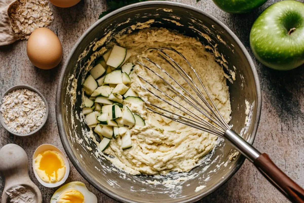 A bowl of fritter batter with a whisk surrounded by fresh vegetables and fruits.