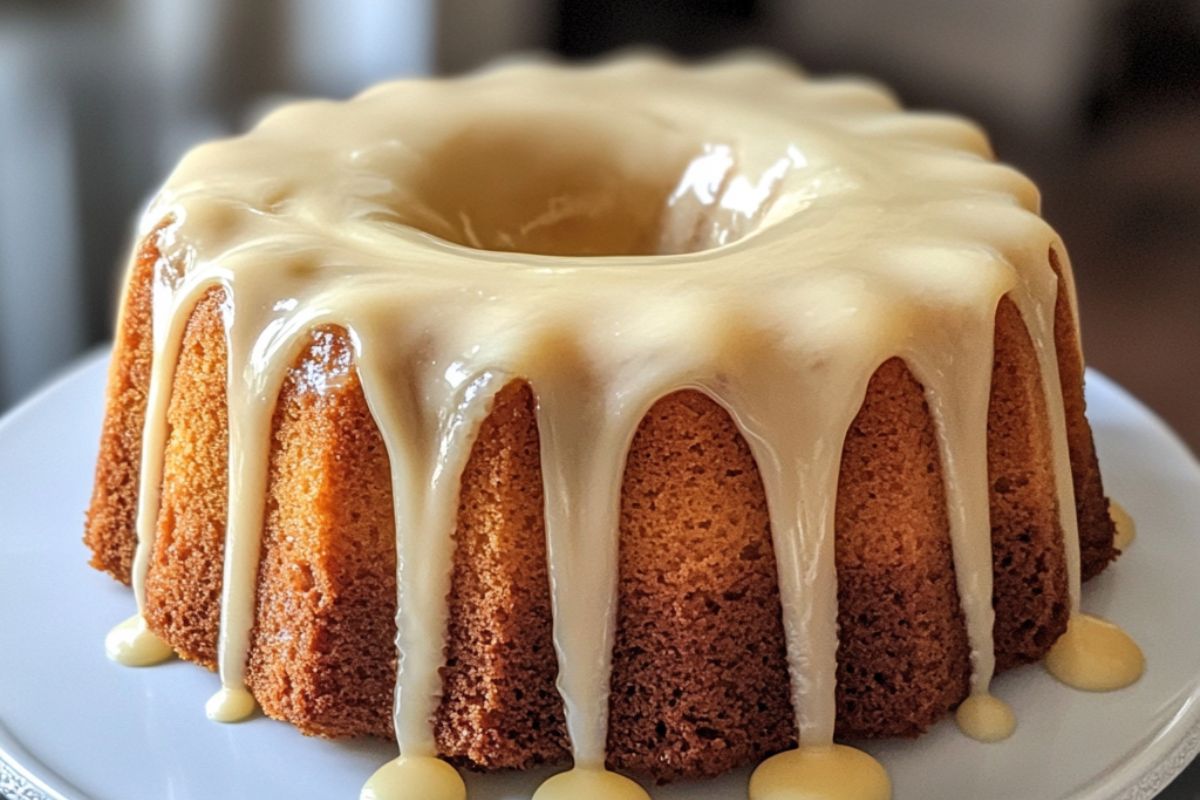 A perfectly iced pound cake with vanilla glaze dripping down the sides.