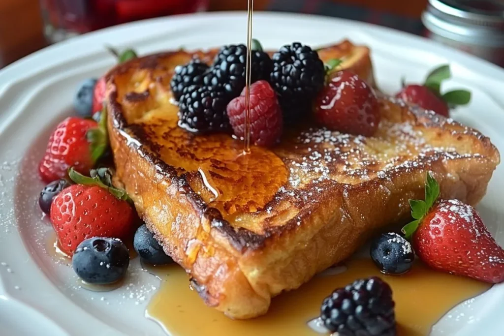 Golden French toast slices served with fresh fruit and syrup