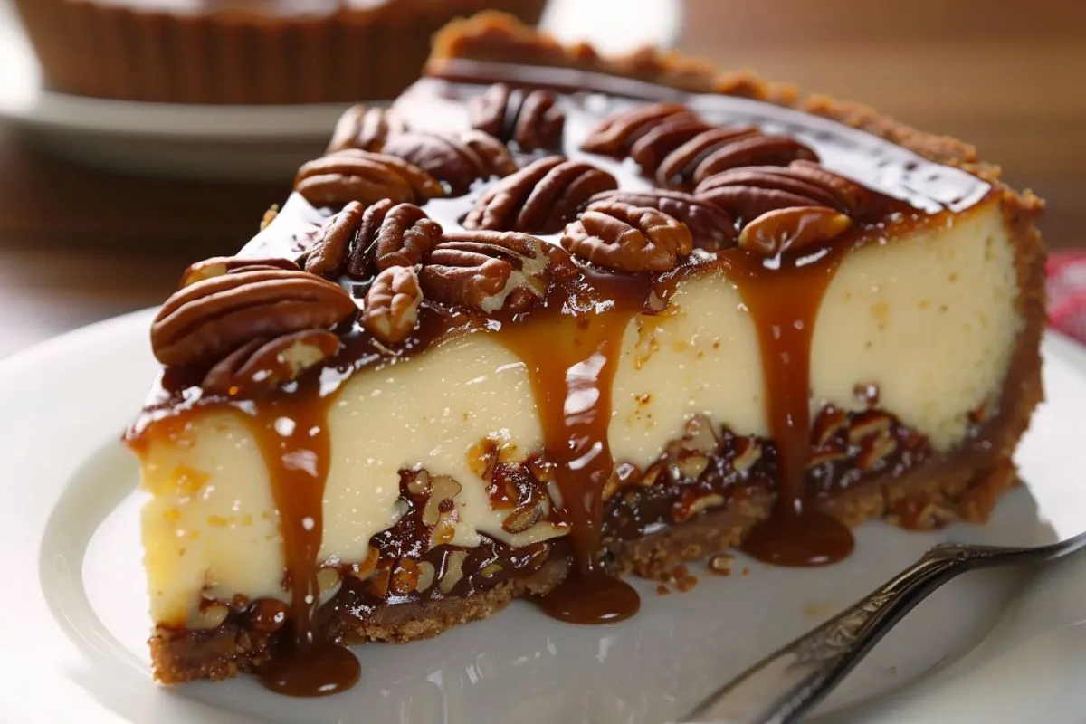 A Turtle Cheesecake topped with caramel, chocolate drizzle, and pecans, showcasing the classic turtle dessert look