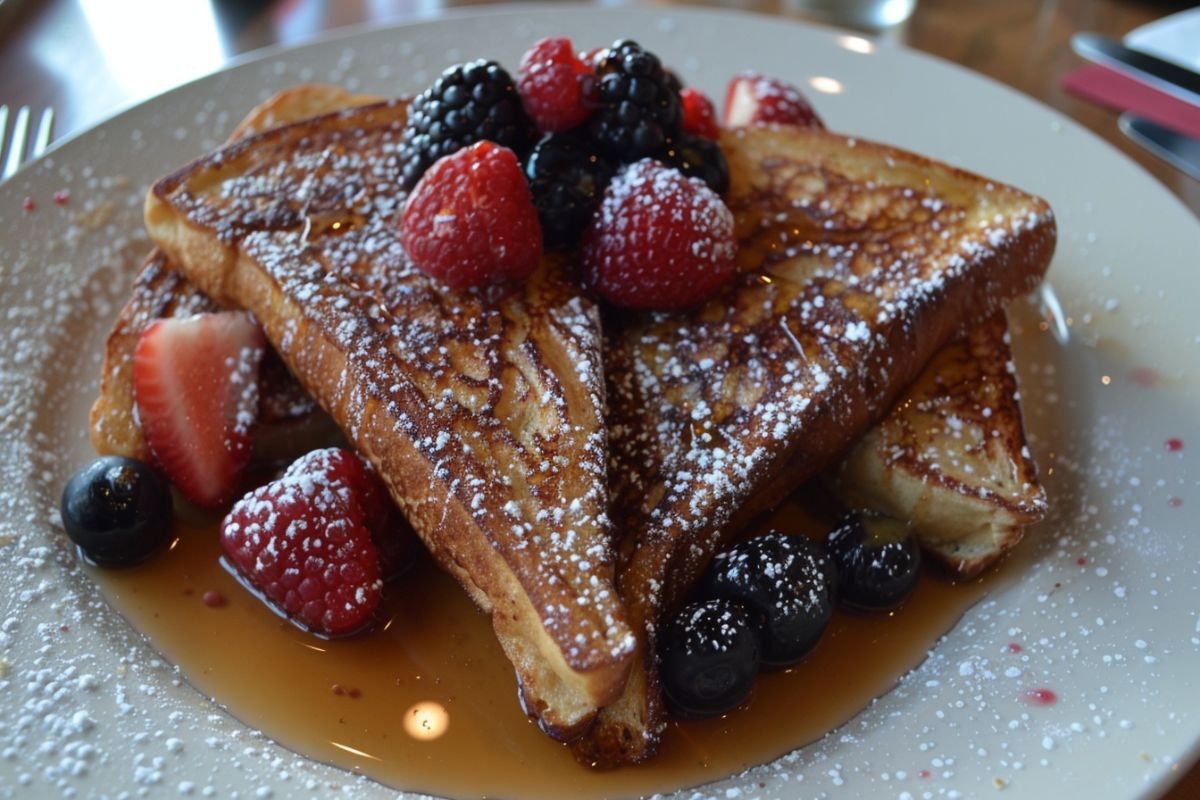 A plate of golden brown French toast topped with fresh berries and maple syrup.