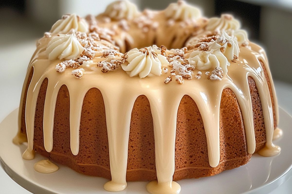 Bundt cake drizzled with icing, showcasing decorative glaze and texture