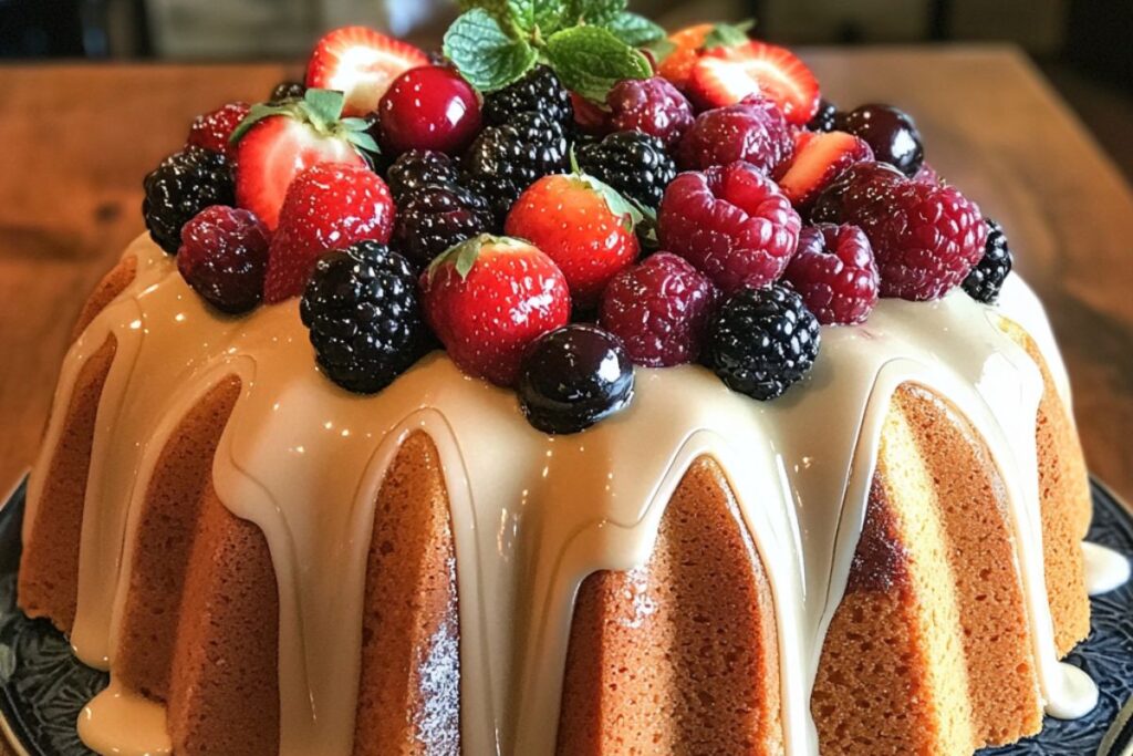 Bundt cake topped with glaze and fresh fruit