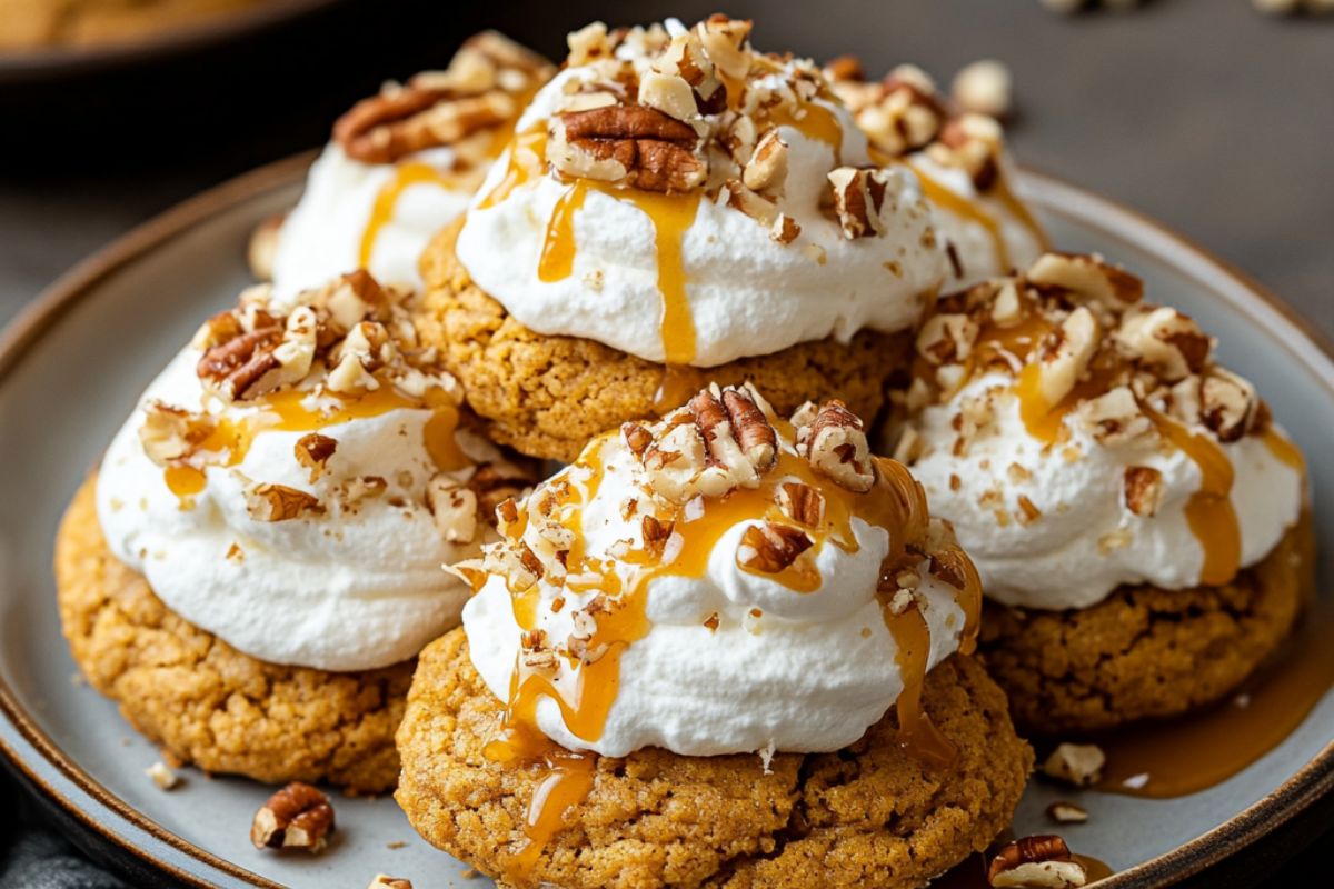 Toppings for pumpkin pie cookies including whipped cream, caramel drizzle, and crushed pecans