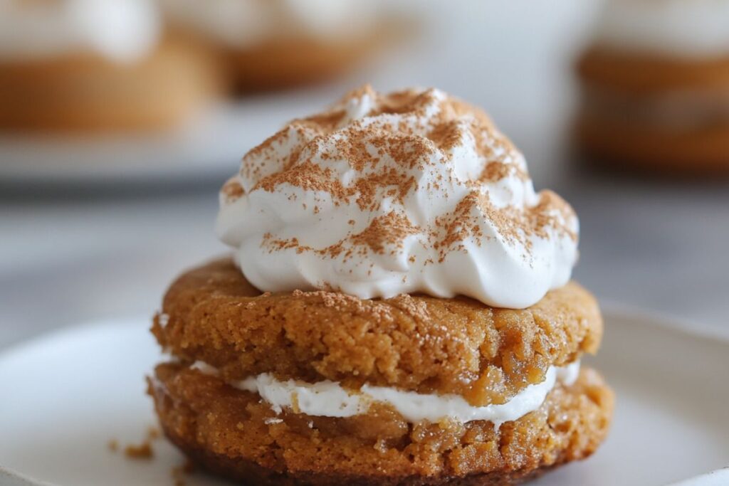 A freshly baked pumpkin pie cookie with whipped cream on top, perfect for fall treats.