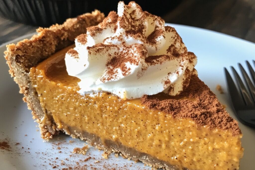 Graham cracker crust pumpkin pie with whipped cream topping