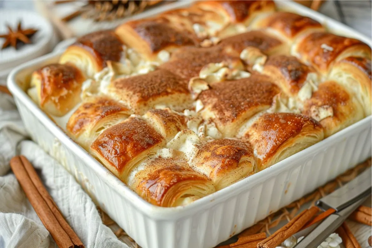 Cheesecake Crescent Rolls Casserole with golden brown crust and creamy filling