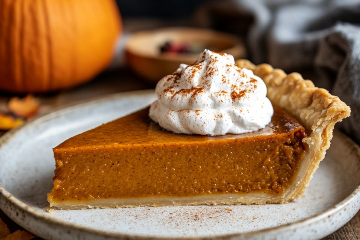 Crisp bottom pumpkin pie slice with golden brown crust