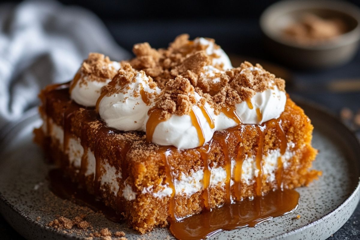 Moist Pumpkin Poke Cake topped with whipped cream and caramel drizzle