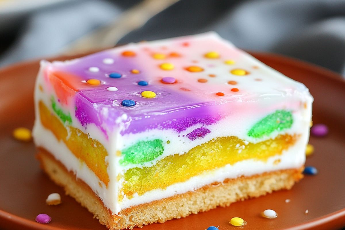 Colorful poke cake with gelatin filling showing vibrant layers