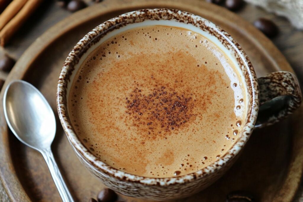 Cup of Mexican mocha with cinnamon and chocolate garnish