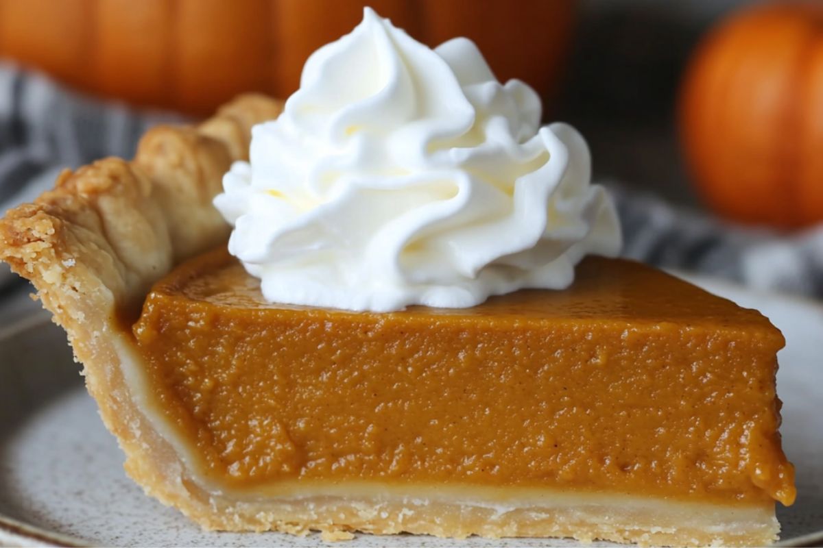 A slice of pumpkin pie with whipped cream on top