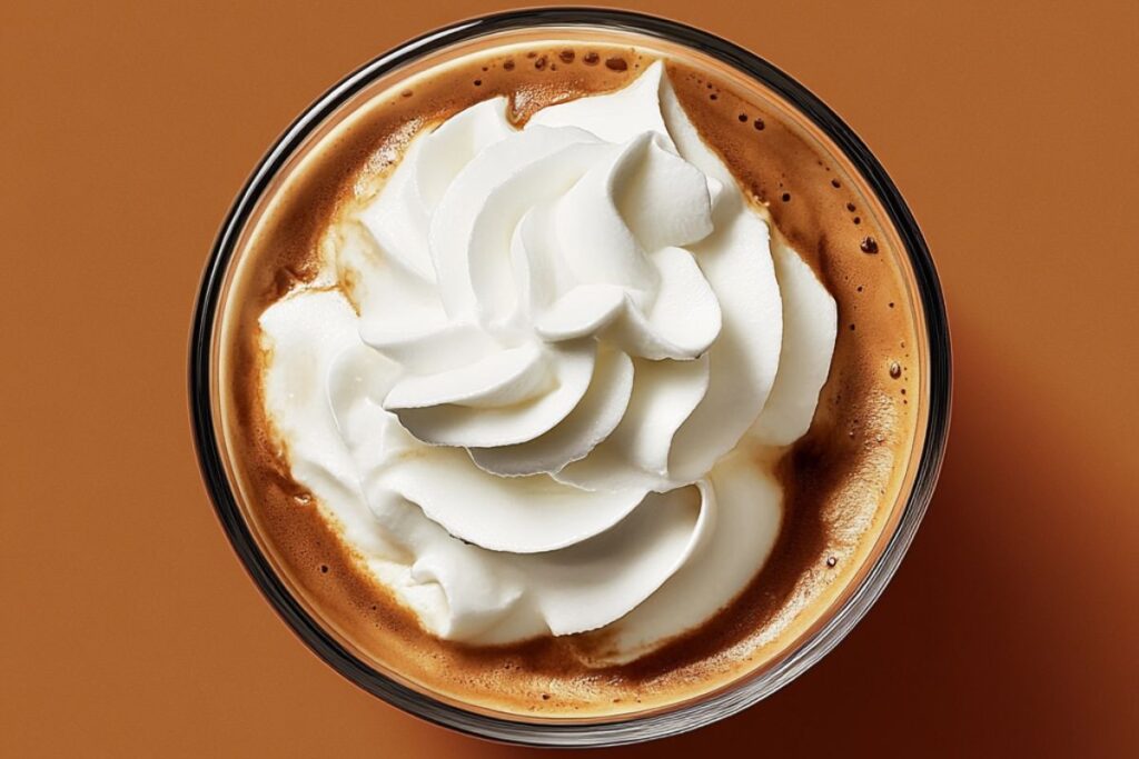 A hot mocha coffee with chocolate and steamed milk, topped with whipped cream.