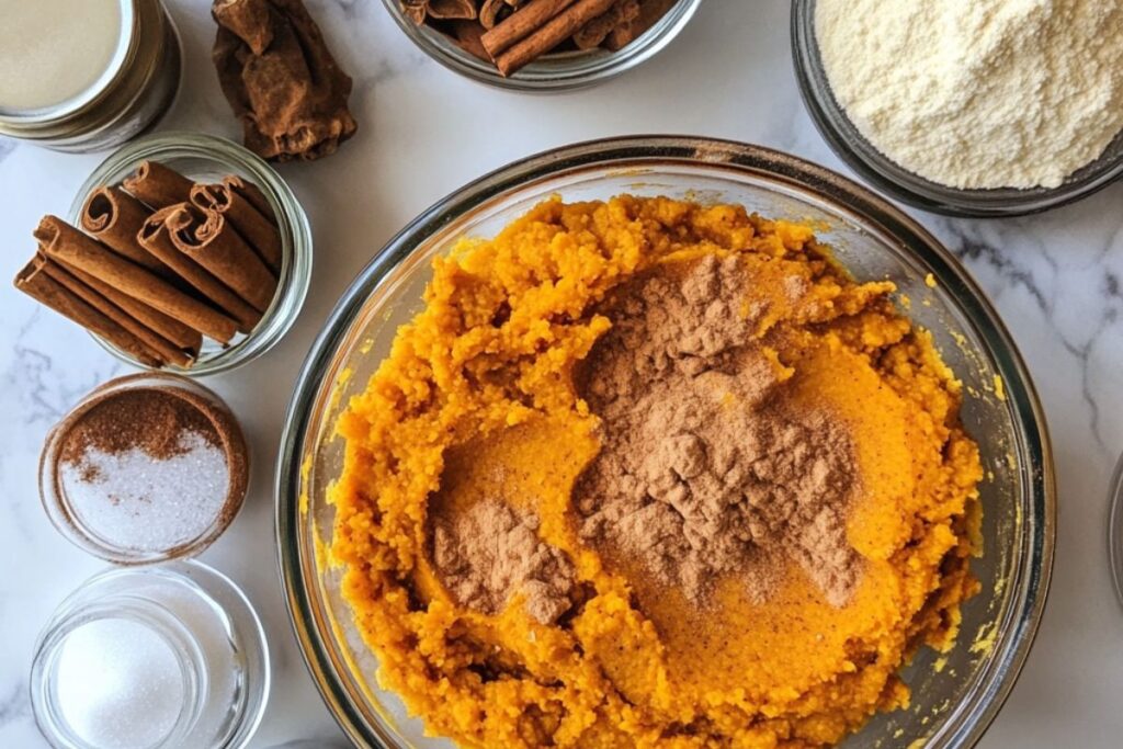 Ingredients of pumpkin pie mix with spices and pumpkin.