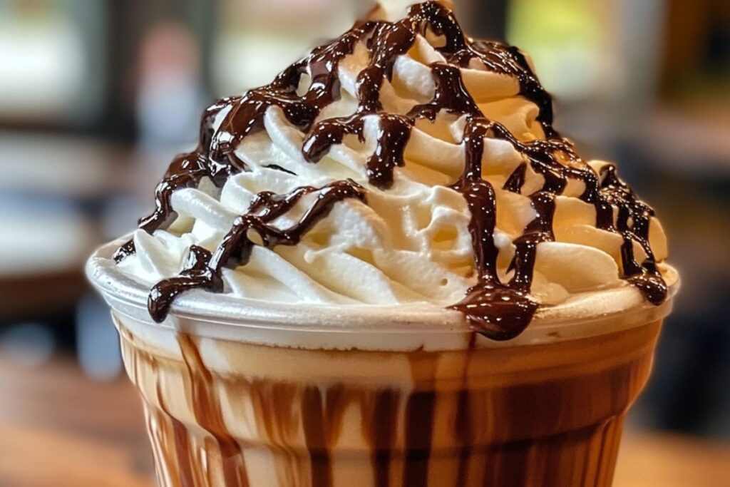 Mocha coffee cup with chocolate syrup and whipped cream