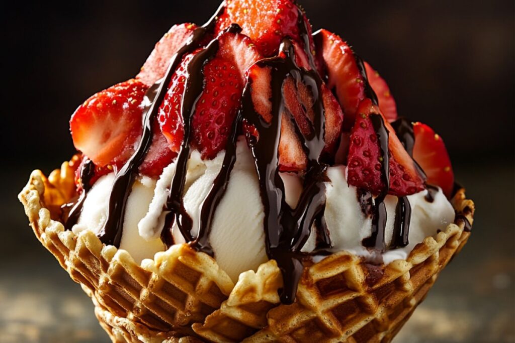 A dessert taco with ice cream, fresh strawberries, and chocolate syrup in a waffle cone shell