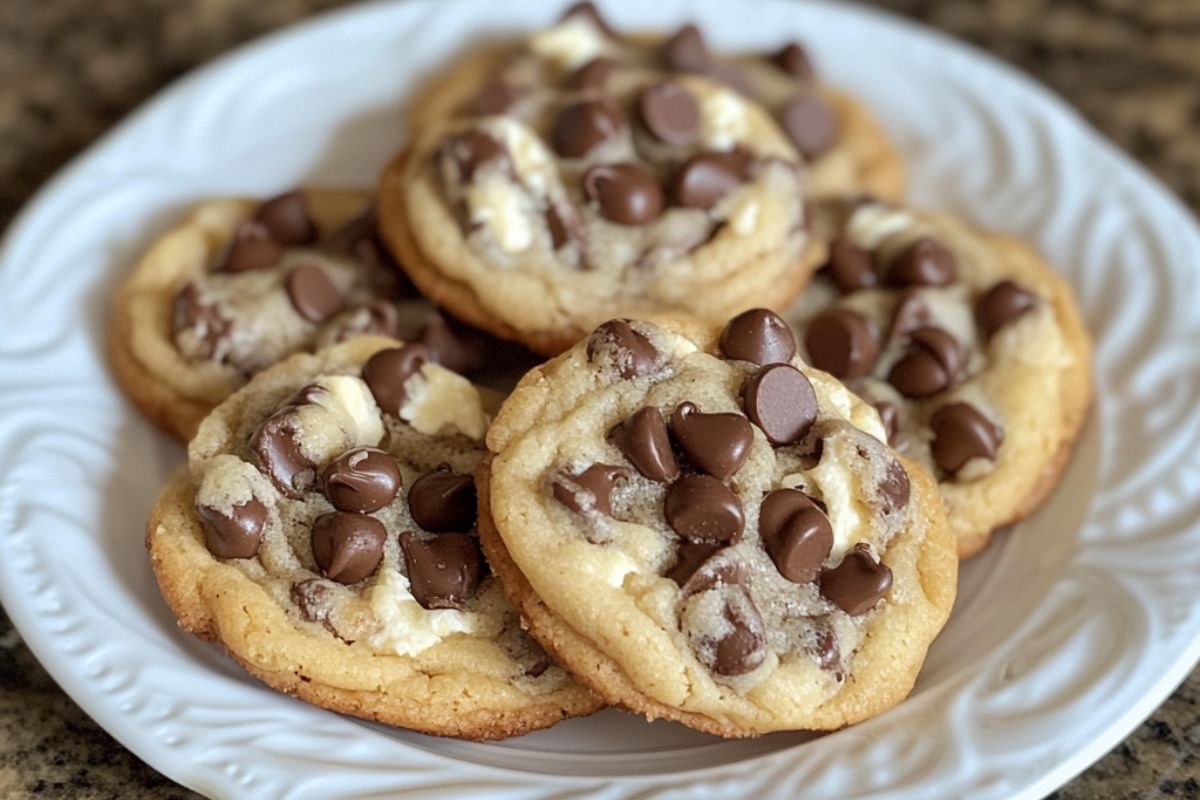 Soft and chewy cream cheese chocolate chip cookies stacked on a plate.