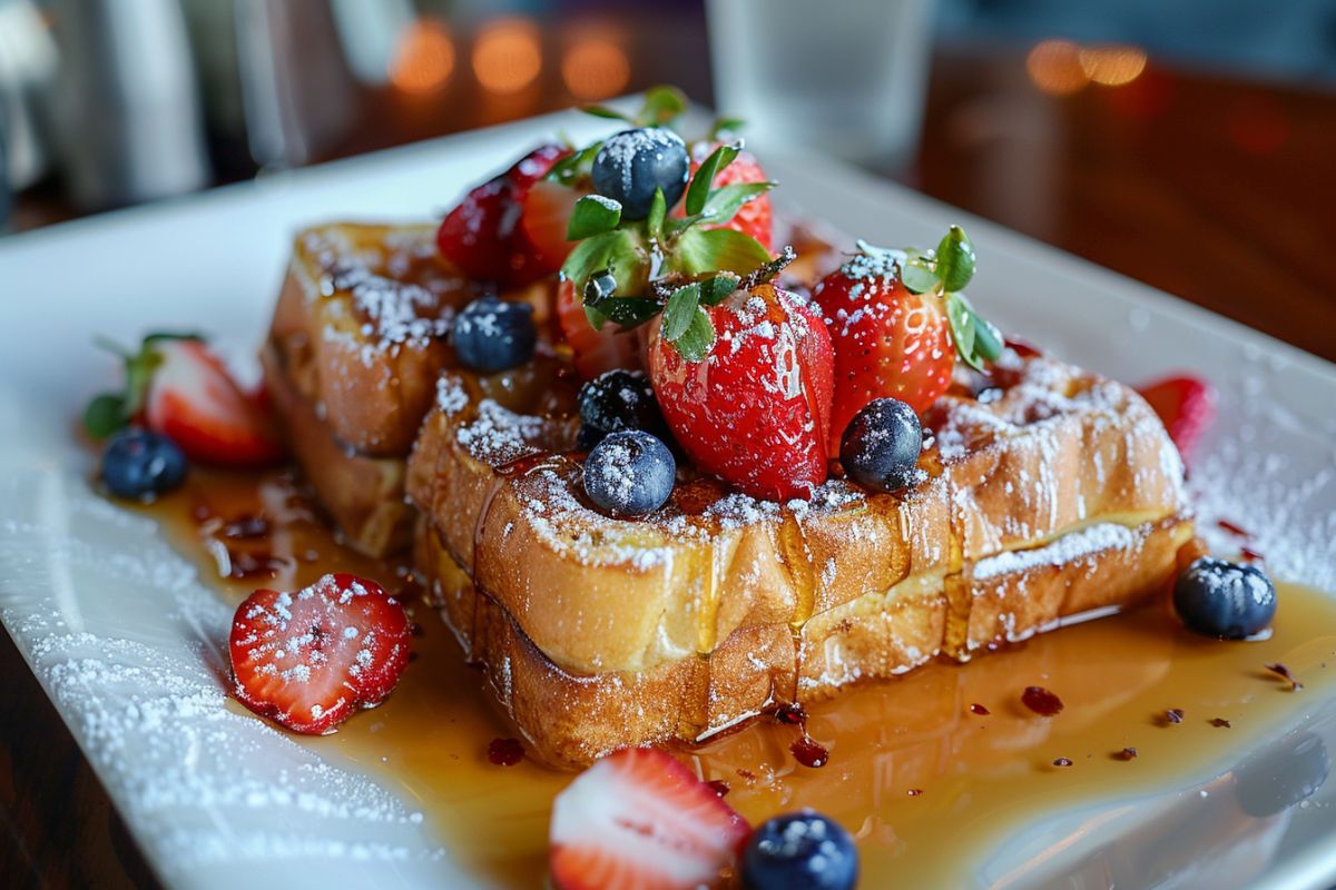 Golden brown Hawaiian Roll French Toast topped with fresh berries and maple syrup