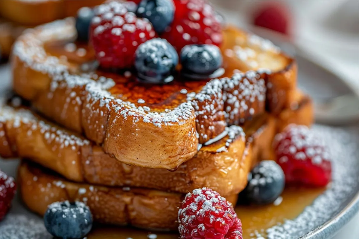 Delicious cinnamon French toast served with syrup and fresh berries