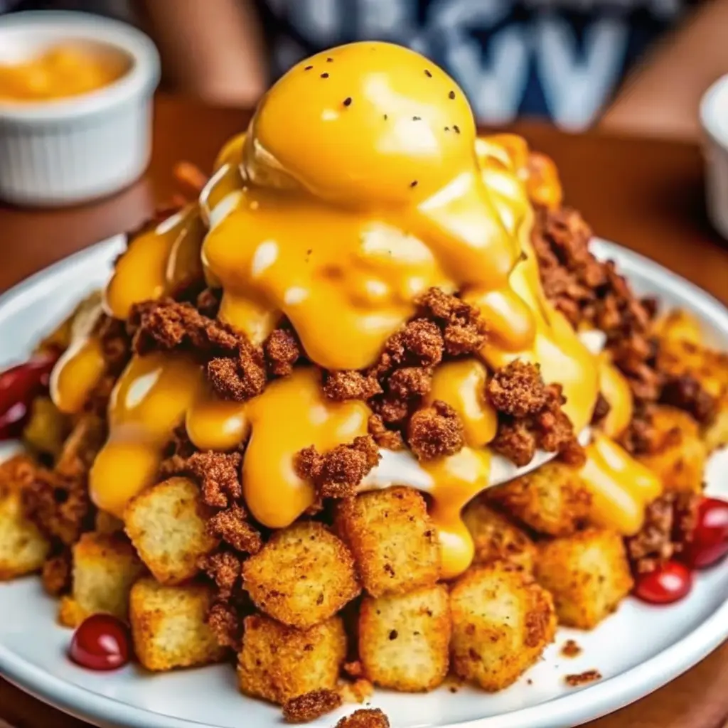 Bacon cheeseburger stuffed tater tot cones topped with melted cheese volcano, served as a fun party appetizer