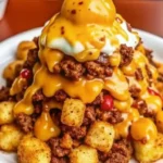 Bacon cheeseburger stuffed tater tot cones topped with melted cheese volcano, served as a fun party appetizer