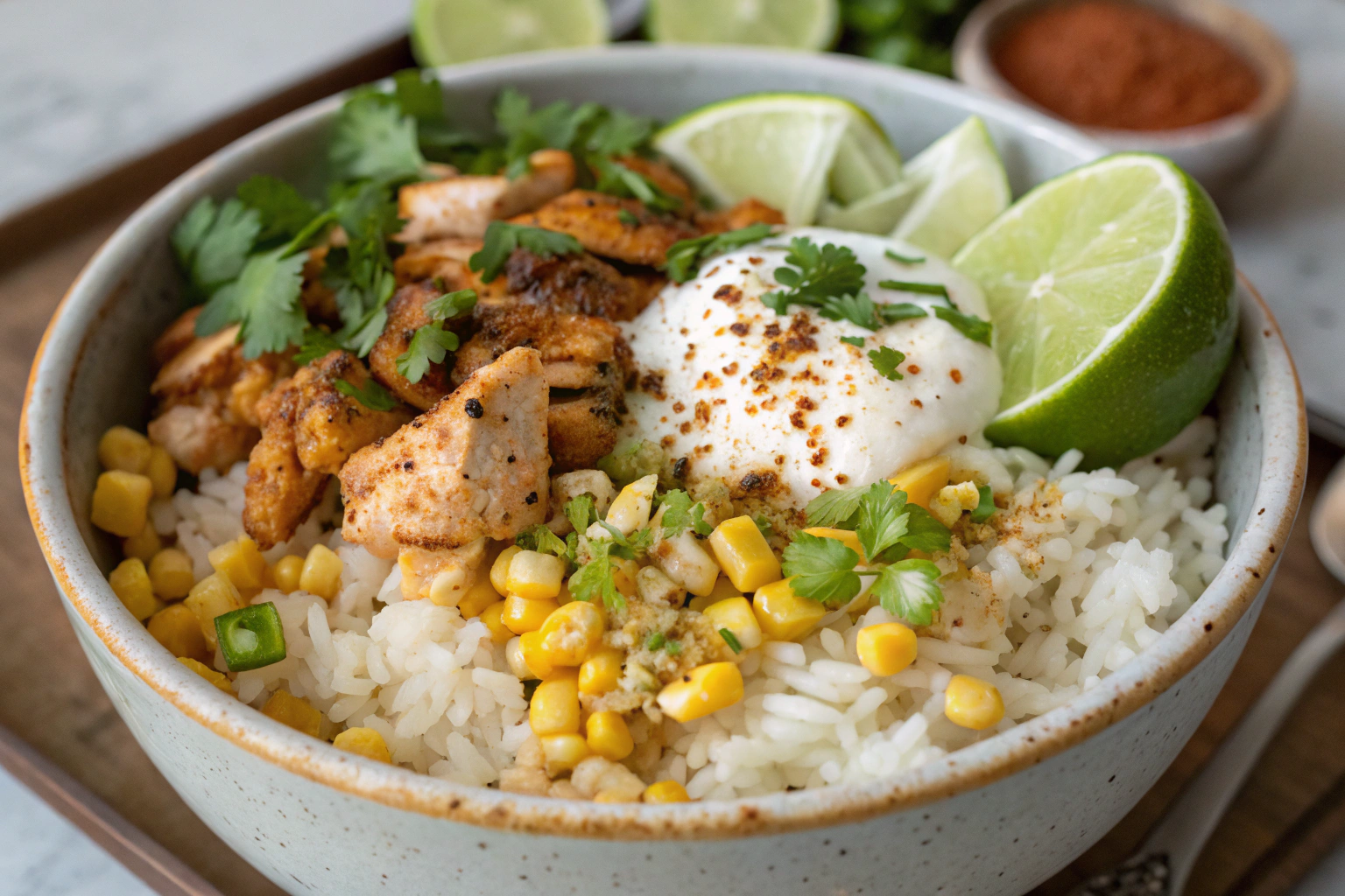 A vibrant chicken street corn rice bowls topped with roasted corn, creamy sauce, fresh cilantro, and lime wedges, served on a wooden table.