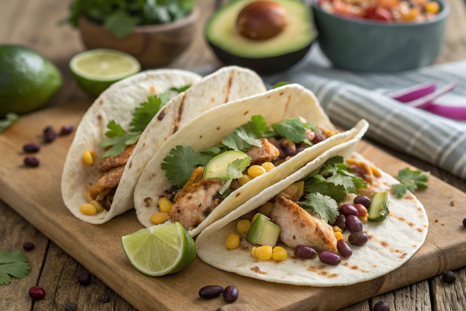 Chili lime chicken tacos filled with sliced marinated chicken, corn, black beans, avocado, and fresh cilantro in soft tortillas.