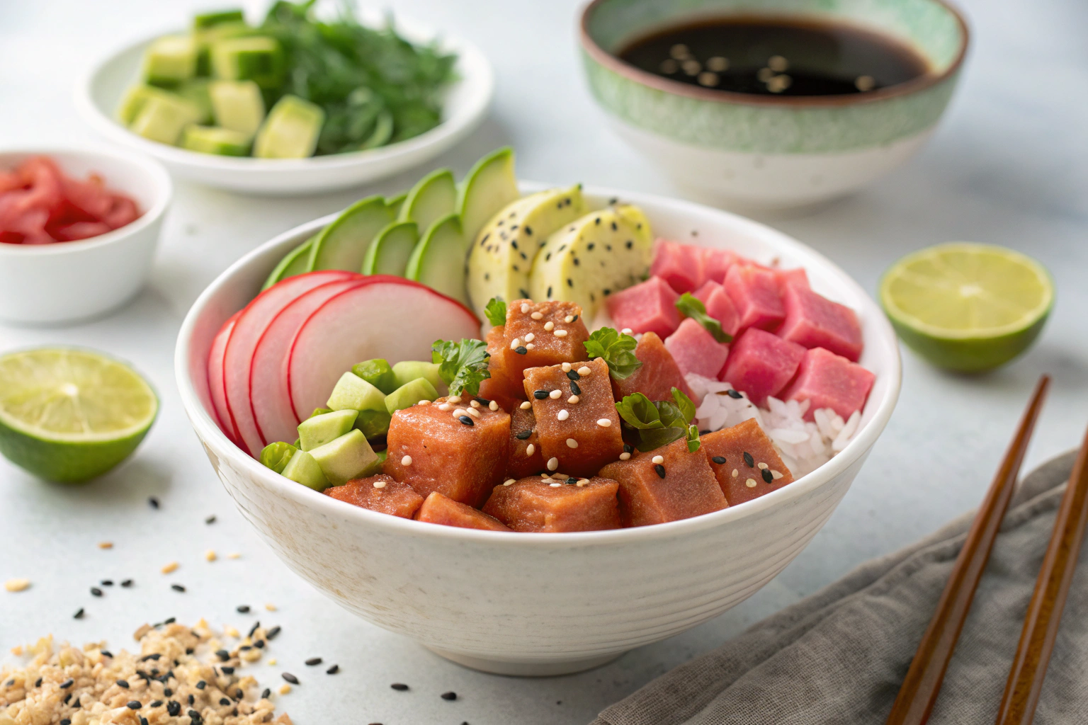 A vibrant watermelon poke bowl featuring marinated watermelon cubes, crispy tofu, edamame, sliced radishes, cucumber, avocado, and sesame seeds.